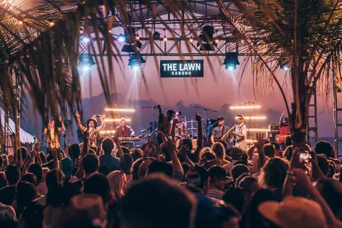 The Lawn Canggu beachfront lounge with sunset view and relaxed Bali beach club vibe